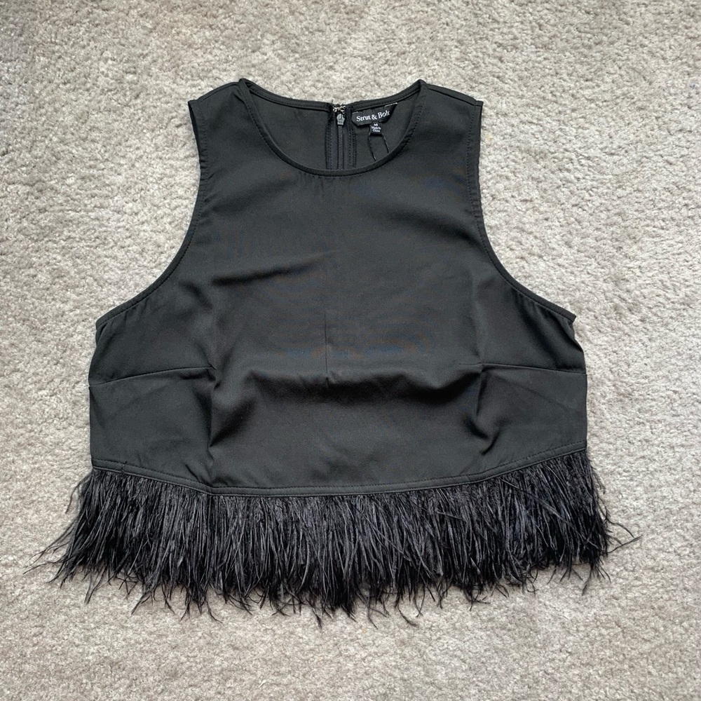 Black feathered fringe boutique crop top